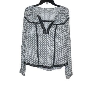 Gap Women Top Embroidered Print Slouchy V Neck Long Sleeve Gray/White Size Small